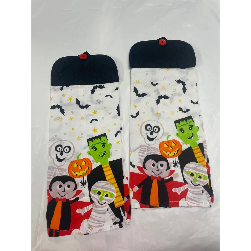 Halloween Monster Hanging Kitchen Towel Set Frankenstein Dracula Mummy 2pc